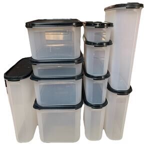 Tupperware Lot Of 11 Rectangular Modular Mates Black Seals With Lids